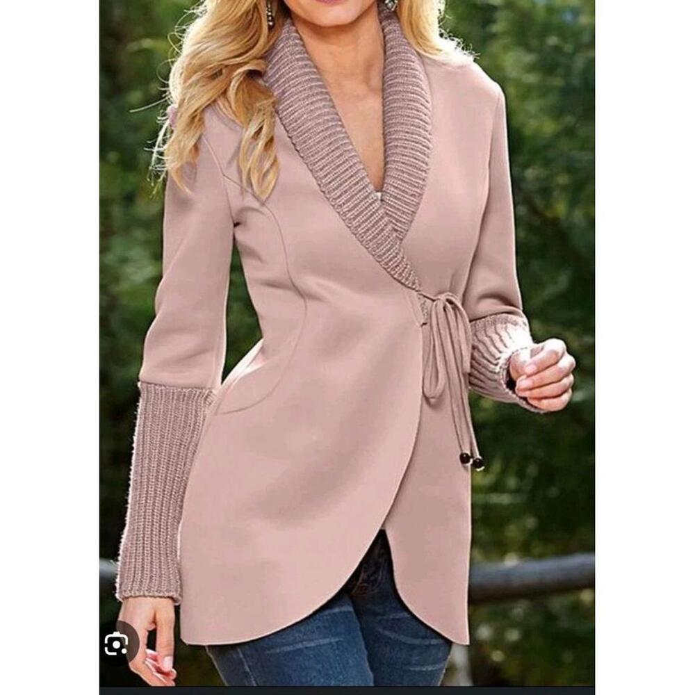 Womens Shawl Collar Coat Blazer Pink Large Tassel Tie Front Long Puff Sleeve